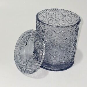 Vtg Style Lavender Purple Pressed Glass Floral Embossed Apothecary Jar & Lid 4in